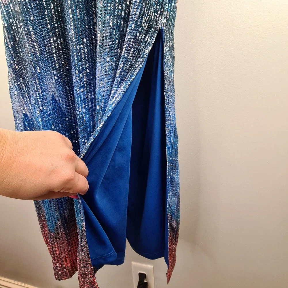 Ramy Brook Blue Multicolor Sequin Halter Midi Dress Size 6 Geometric Glam Slit - Picture 7 of 13